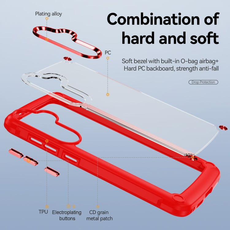 Red TPU + PC lens protection phone case for Samsung Galaxy S24 5G, showcasing its durable design and electroplated alloy frame.